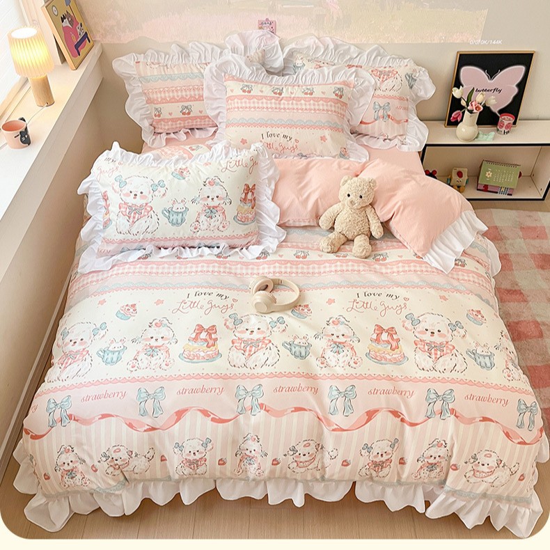 Juego de cama de encaje estilo princesa coreana de cuatro piezas 2025 funda de edredón ropa de cama de tres piezas para estudiantes y niñas