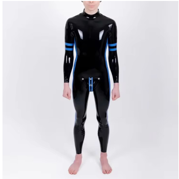 Latex Clothing Black and Blue Color Matching with Removable Insert Back Zipper One-Piece Latex Clothing Latex Bodysuit