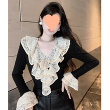 【原版】小香风荷叶边喇叭袖衬衫女秋冬法式名媛v领蕾丝打底衫