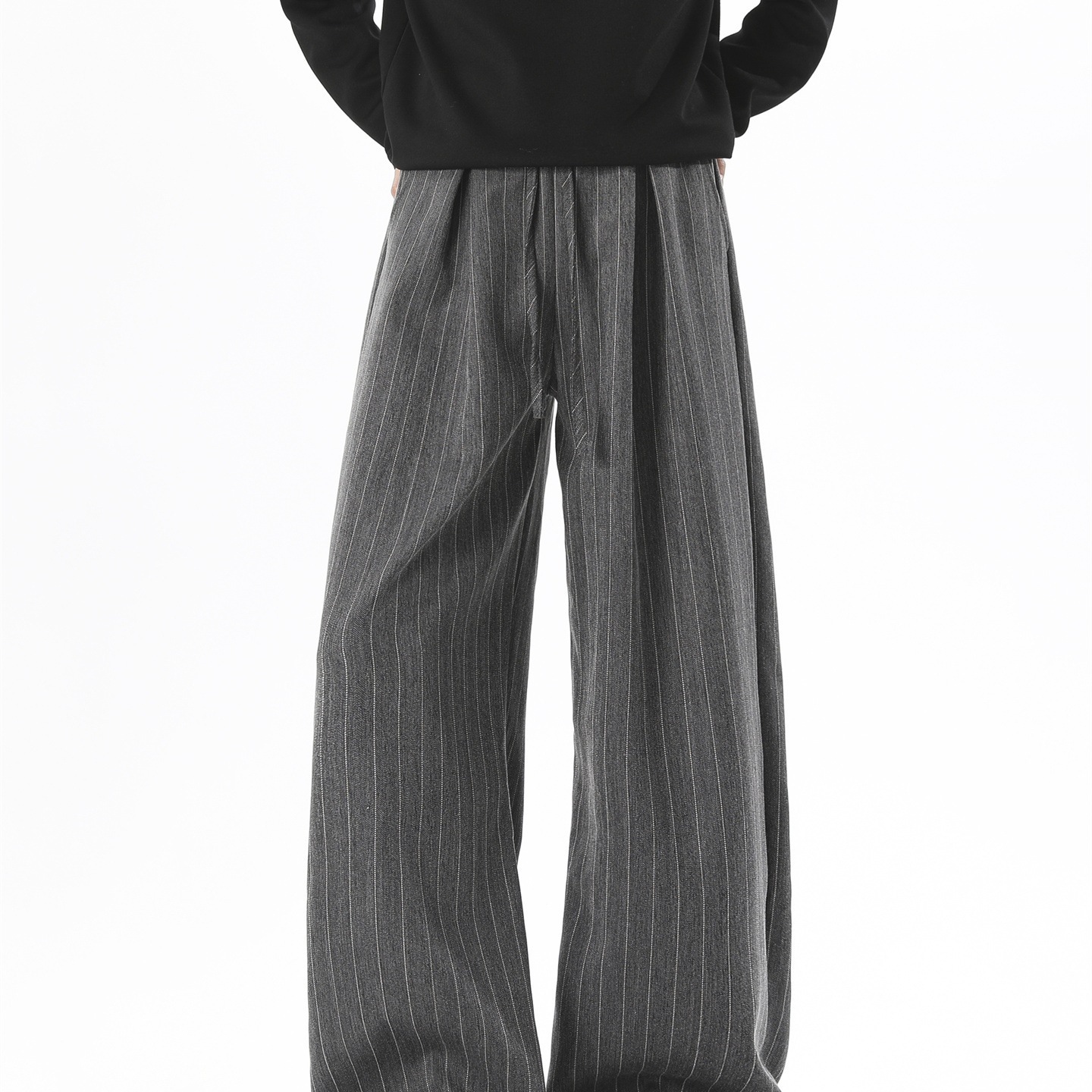 Vertical Striped Casual Pants for Men, Autumn Gray Stylish Loose Wide-Leg Yamamoto Pants, Old Money Style Dress Pants