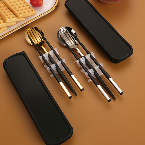 ins stainless steel portable tableware alloy chopsticks spoon set outdoor portable tableware gift three-piece set