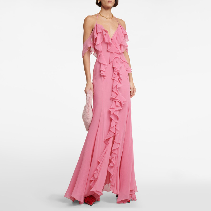 European and American Style Dress with Slit, Deep V-Neck, Halter Neck, Spaghetti Straps, Backless, Pink Ruffled Long Dress