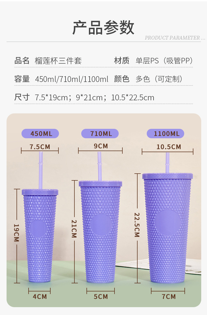 新款创意单层三件套榴莲杯吸管扎手塑料杯便携大容量星巴钻石杯详情3