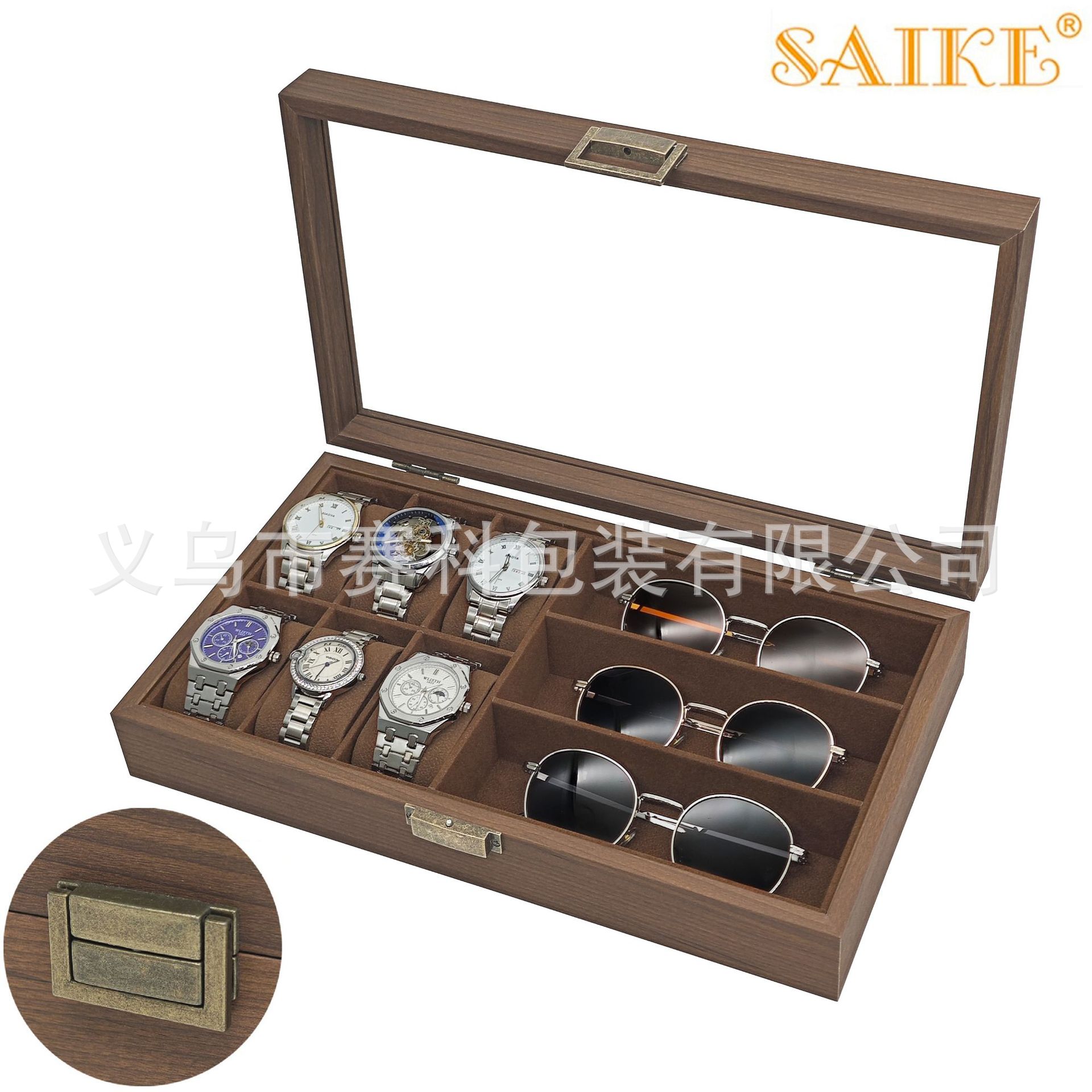 in stock wholesale retro version black walnut wood grain 6-digit watch 3-digit glasses storage collection display box multi-function