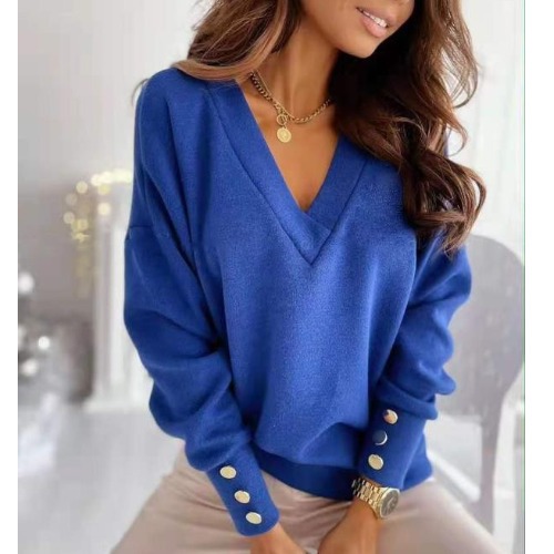 Women's Clothing Spring and Autumn Cuff Button Decoration V neck Casual Sweater Long Sleeve Bottoming Top for Women_voghion.com