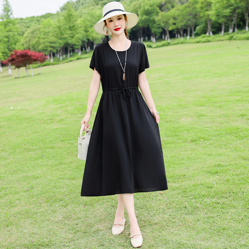中高年向けの新しい綿シルクドレス、夏の若いスタイル、中年母親の花柄ロングスカート、エレガントなアウターウェア|undefined