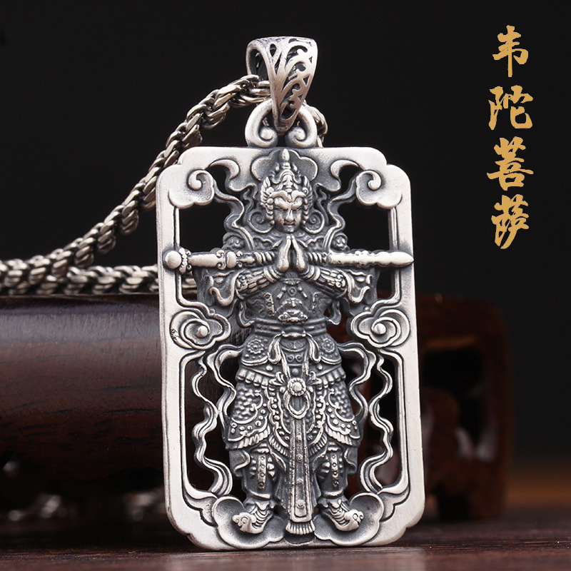 韋陀菩薩佛像純銀吊墜手持金剛杵法器降魔杵銀項鍊掛件男實心方牌