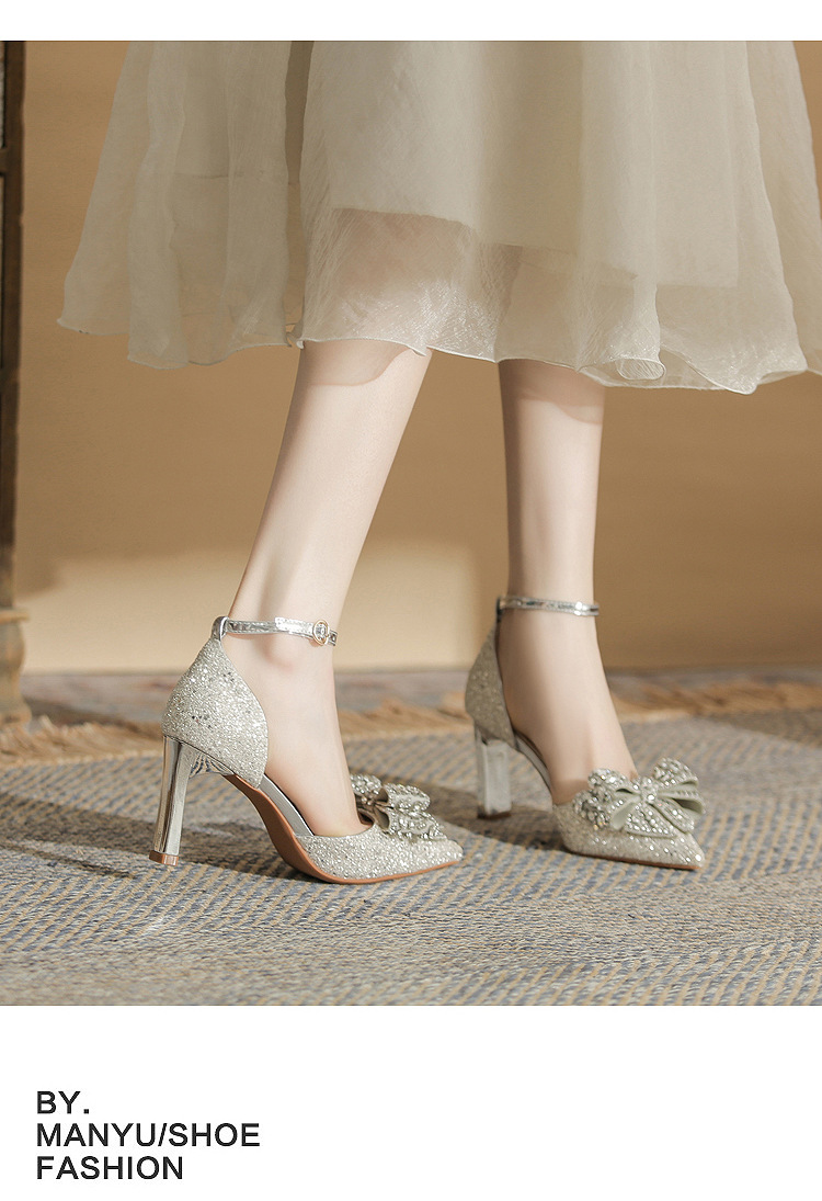 Giày cao gót nữ mũi nhọn nơ sequin gót nhọn CH8006-3 — Màu Sâm panh chi tiết 11