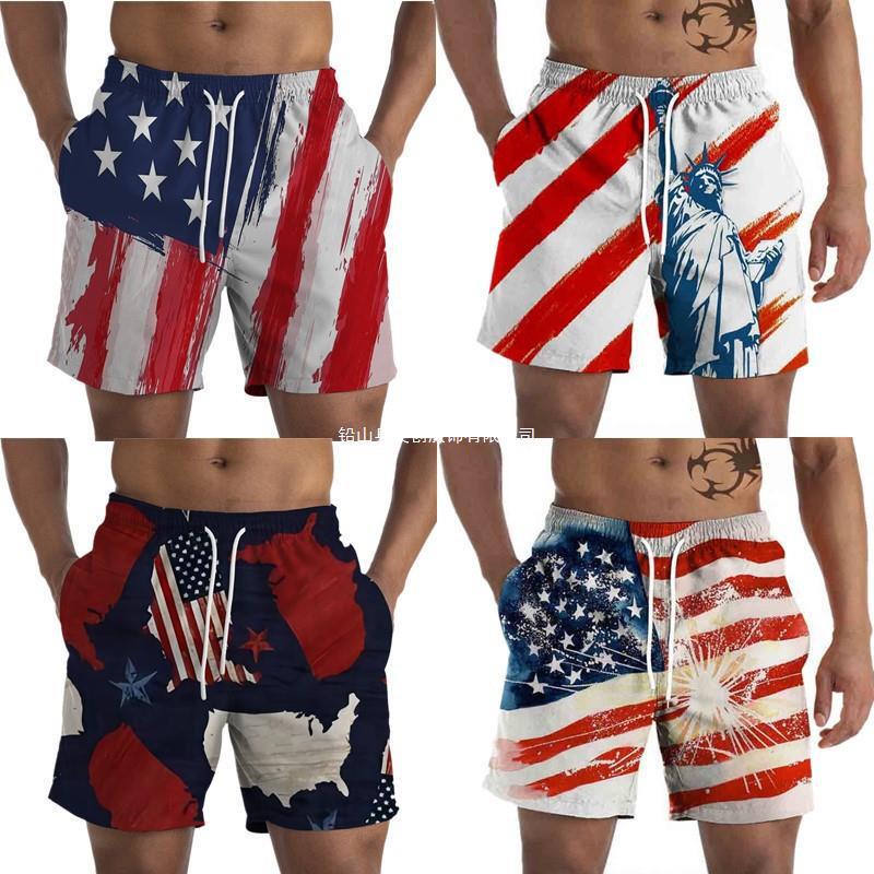 [Hot Sale] Cross-Border Summer Men's Shorts American Independence Day; Victory Day & Statue of Liberty Eagle 3D Digital Po