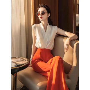 Chanel-Inspired Stylish and Youthful Women's Fashion French White Sleeveless Top and Wide-Leg Pants Two-Piece Set