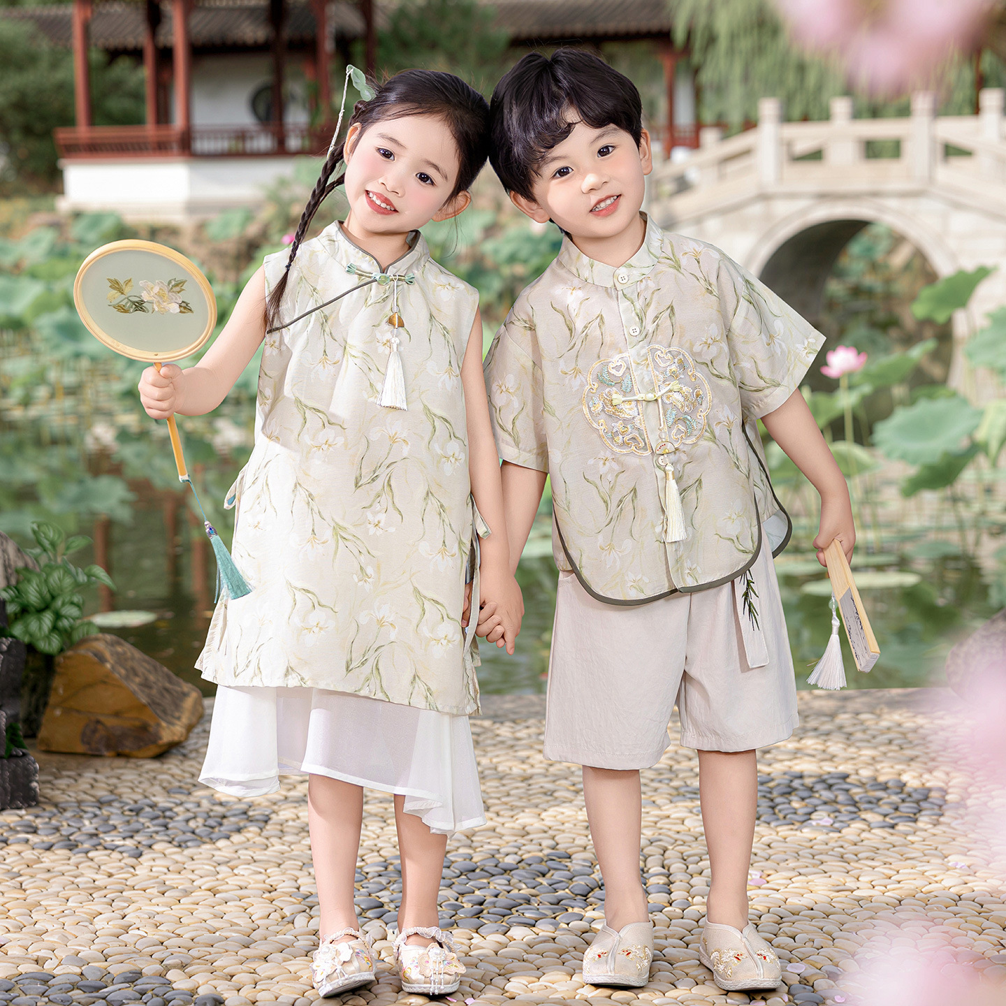 汉服儿童新中式国风套装夏季男童古风唐装女童旗袍裙六一演出服装
