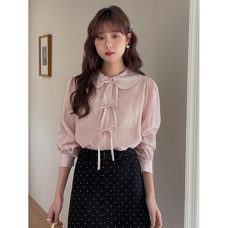 [Spring Sweet Peach 2 Colors] Goming French Retro Bow Tie Shirt Spring Long Sleeve Top Y1722F