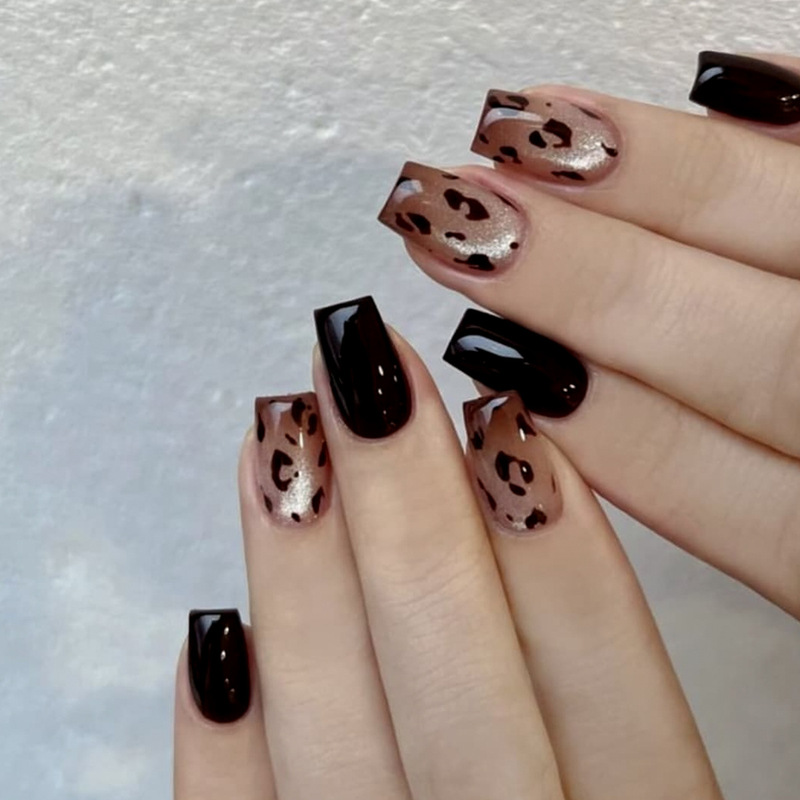 Wearable Nails Medium Square European and American Fashion Black Gradient Brown Cat Eye Leopard Print Removable Fake Nail Patches