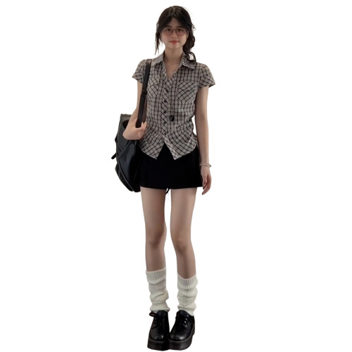 MR【Original Plaid】Korean Retro Plaid High-Waisted Shirt for Women - Summer Design-Focused Fitted Short-Sleeve Blouse