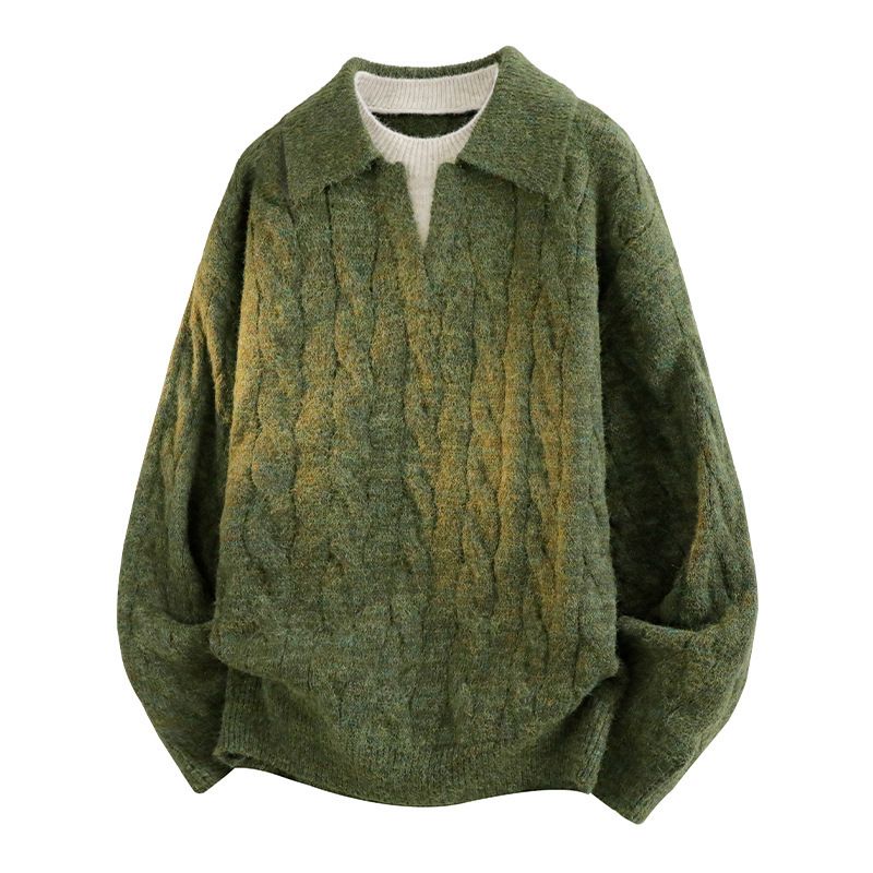 Nasa Retro Twist Knit Sweater Lapel Sweater Men's Autumn New Fake Two-Piece Men's Casual Sports Top