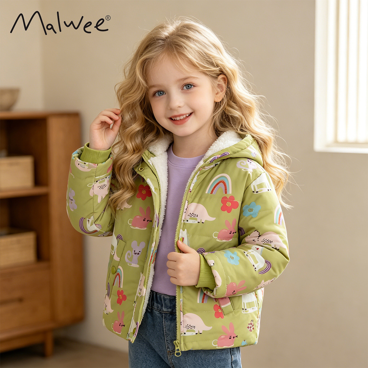 Malwee girls' fleece-lined, thickened spring coat, new European and American style, hooded zip-up top for toddlers and preschoolers.