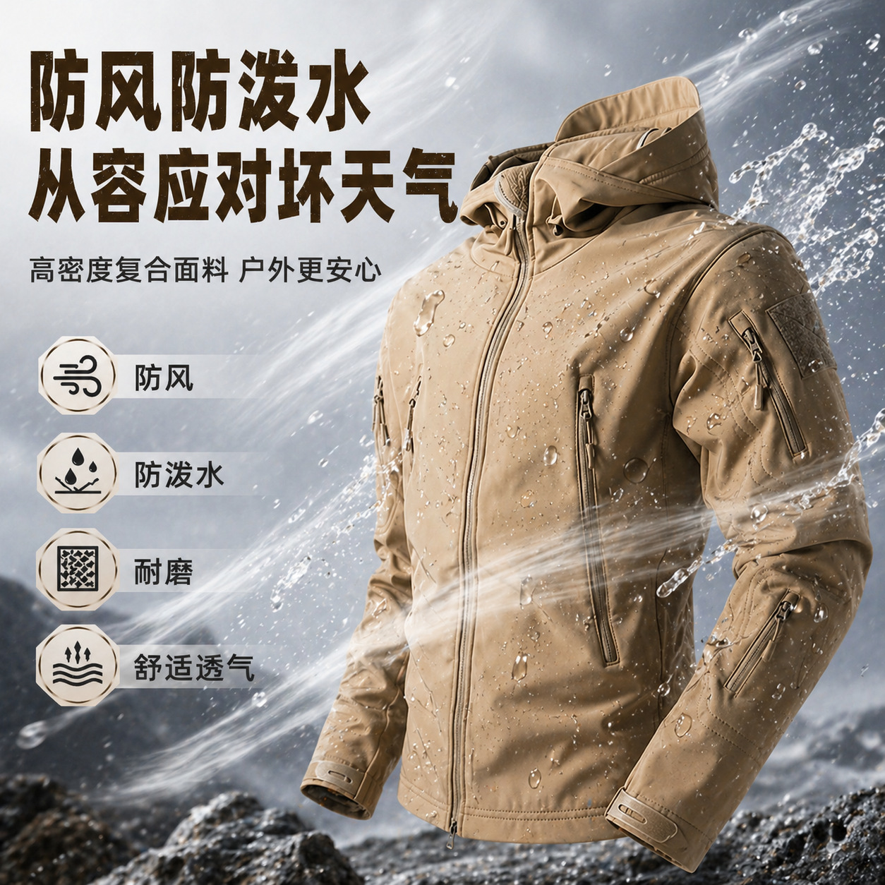 Men's Tactical Softshell Thin Fleece Jacket Outdoor Windproof Waterproof Wear-Resistant Breathable Multi-Pocket Mountaineering Hiking Jacket