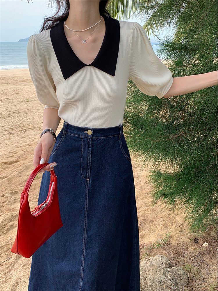 2022 summer new pattern French Retro grace v- Lapel puff sleeve Western style Self cultivation Show thin knitting jacket