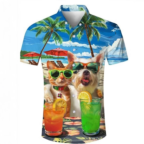 Divertido y creativo 3D impresión digital para hombres verano casual salvaje suelta camisa de solapa con botones de manga corta en stock