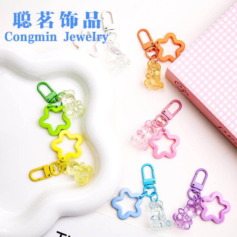 Candy Color Transparent Bear Pendant Keychain Hollow Five-pointed Star Jewelry DIY Pendant Cute Women's Bag Decoration