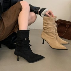 738-1秋冬季新款欧美细跟尖头堆堆靴西部牛仔骑士复古女式短靴