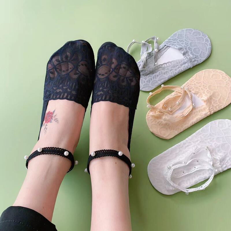 Pearl Boat Socks Women's Summer Invisible Socks Cotton Socks New Arrival All-Match Women's Socks Don't Fall-off Anklet Lace Socks for Children