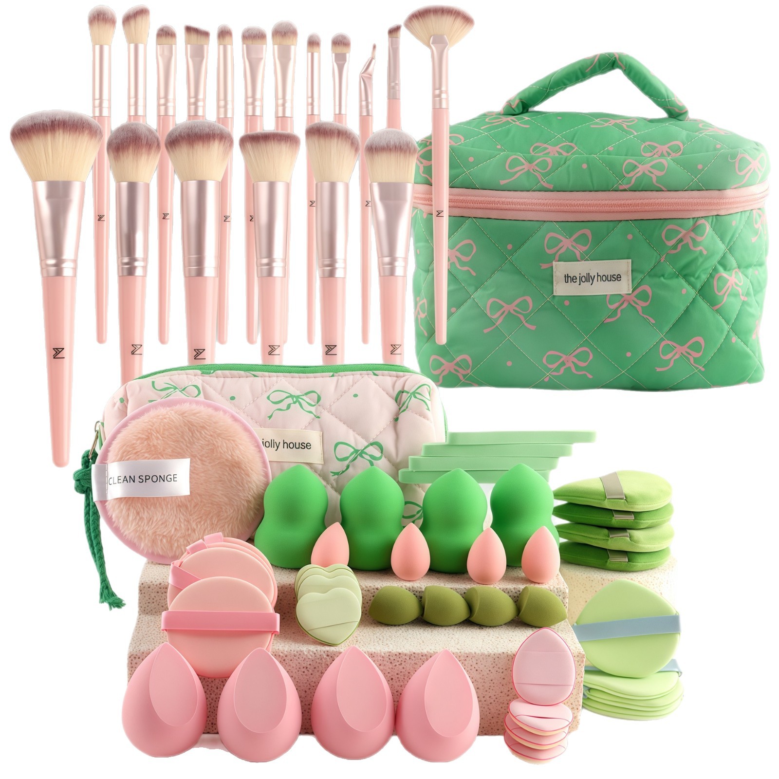 68 paquetes de bolsas de cosméticos dulces para niñas, brochas de maquillaje portátiles de gran capacidad, borlas de maquillaje, herramientas de combinación de maquillaje antes y después del maquillaje