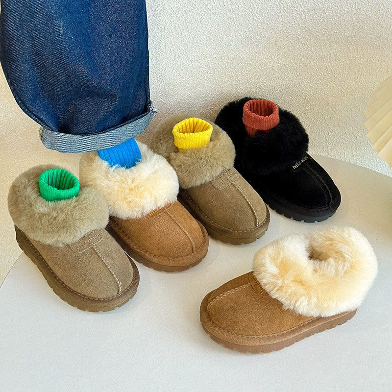 Children's Leather Snow Boots Winter Lamb Wool Baby Cotton Shoes Korean Style Fleece-Lined Thickeneded Bread Shoes for Boys and Girls Trendy
