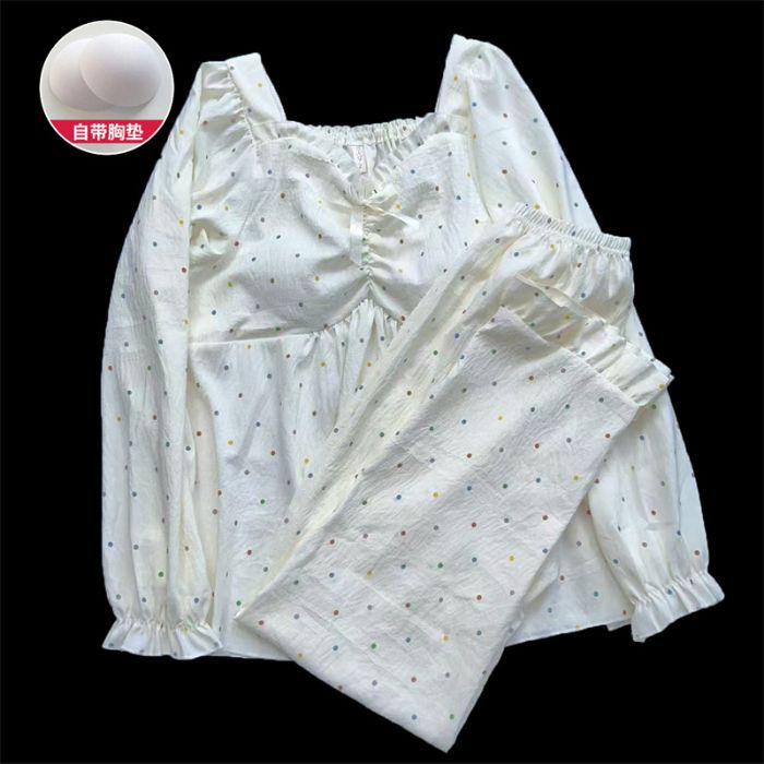 Pijamas de primavera y otoño, pantalones de manga larga, nubes de algodón, almohadilla de pecho dulce, conjunto de dos piezas, ropa de hogar simple.