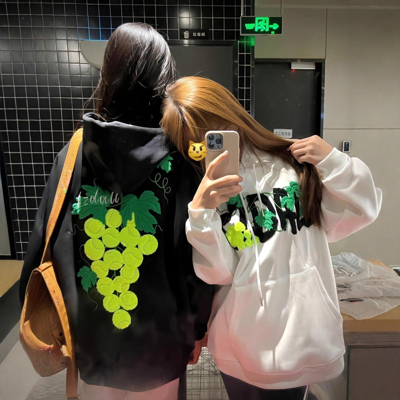 Grape Tennis Towel Embroidered Hooded Sweatshirt Autumn and Winter Men's and Women's American Street Loose Casual Couple Velvet Jacket