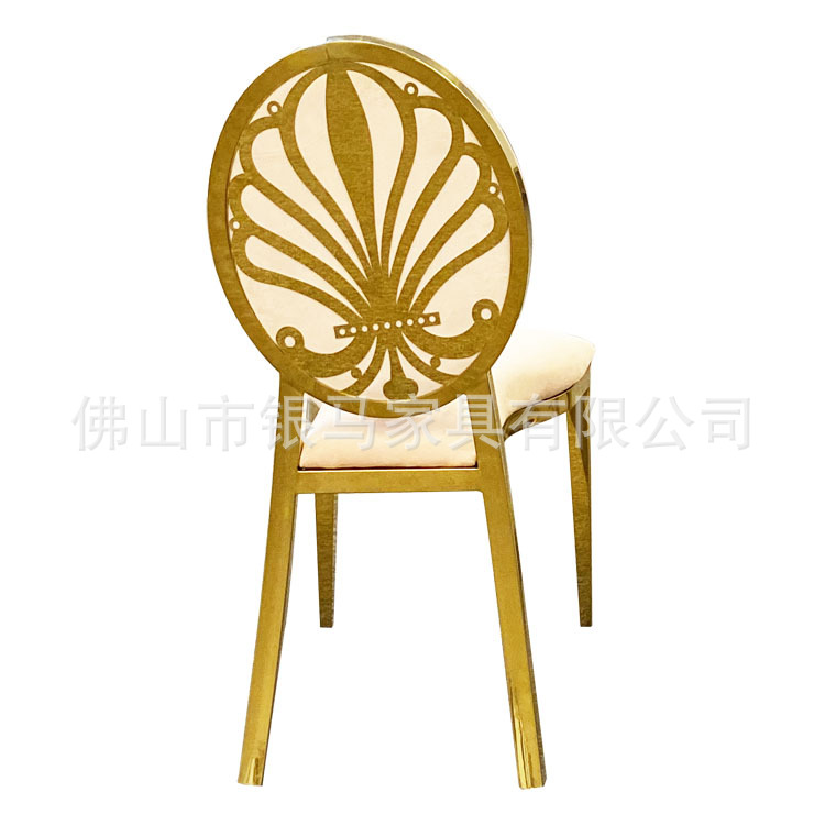 Fábrica al por mayor Hotel banquete boda comedor silla boda galvanoplastia Silla de acero inoxidable Bolsa De Oro suave Silla de comedor de cuero