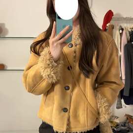 复古加绒加厚麂皮棉衣外套女冬季2025新款小个子翻领保暖短款上衣