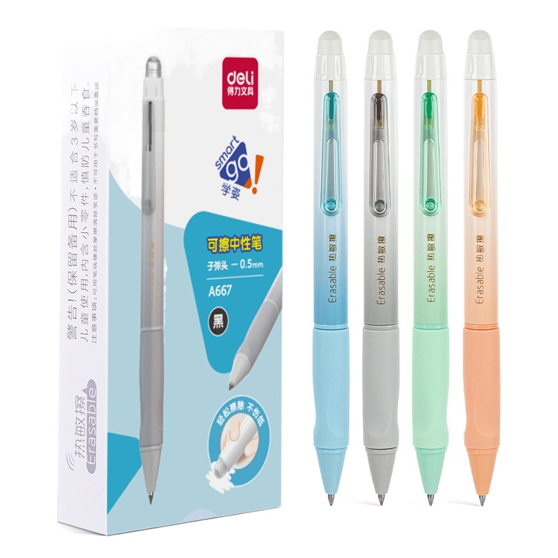 Bolígrafo de gel borrable Deli A667 con punta retráctil tipo bala, bolígrafo borrable termosensible, bolígrafo azul cristal para estudiantes.