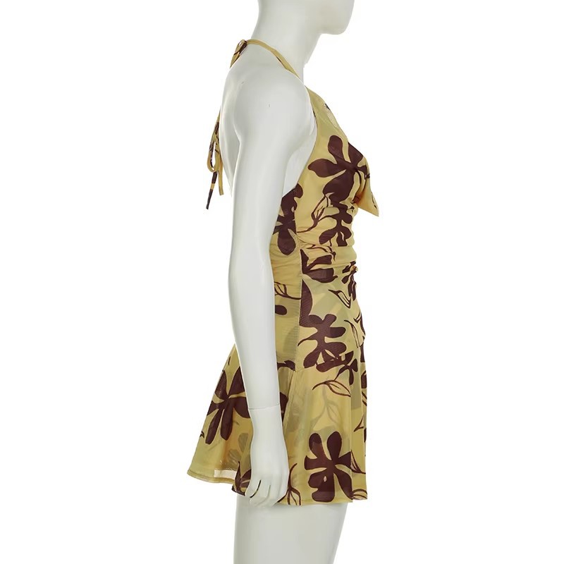 Women's Yellow Ombre Floral Print Cowl Neck Halter Sleeveless Maxi Dress – Boho Summer Resort Gown_ecoleips.com