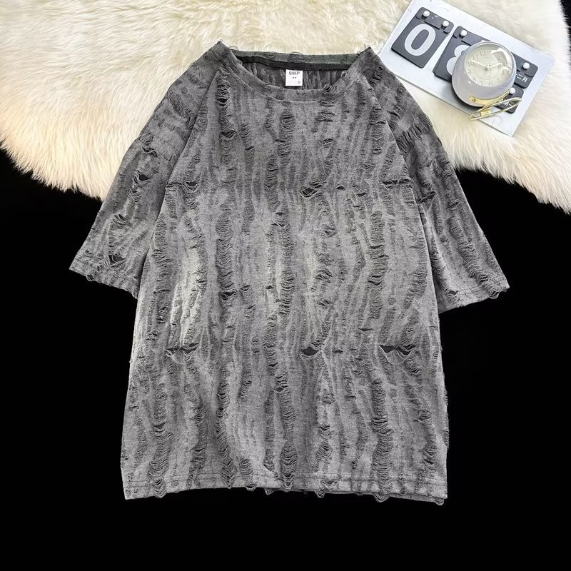 Men's Ripped Distressed Short Sleeve T-Shirt Hong Kong Style Trendy Cool Design Summer Loose Fit Couple's Five Quarter Sleeve Top_voghion.com