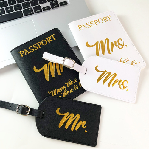 Wholesale cross-border PU leather black and white couple travel document bag Mr Mrs passport holder luggage tag set