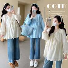 孕妇秋季衬衫仙气v领女春秋季新款韩系长袖上衣显瘦气质娃娃衫潮