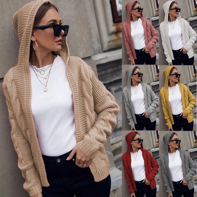 速卖通亚马逊外贸秋冬新款时尚女装粗针连帽麻花针织衫开衫毛衣女