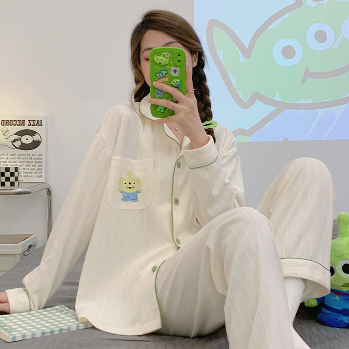 2023 nuevos pijamas azules de alta calidad de las mujeres de algodón jacquard de otoño e invierno de manga larga cardigan linda chica dulce ropa de casa traje