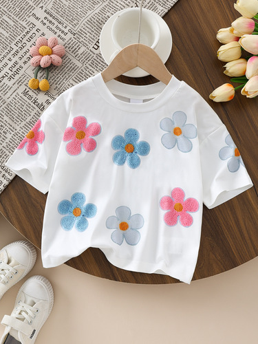 Bestselling children's white, red, pink, black T-shirts with floral patterns, summer short-sleeved tops