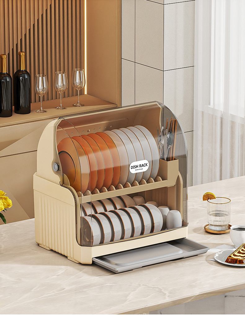 Cross-border kitchen cabinet flip cover dust-proof plastic storage rack household draining shelves bowl and chopstick kitchen utensil storage box