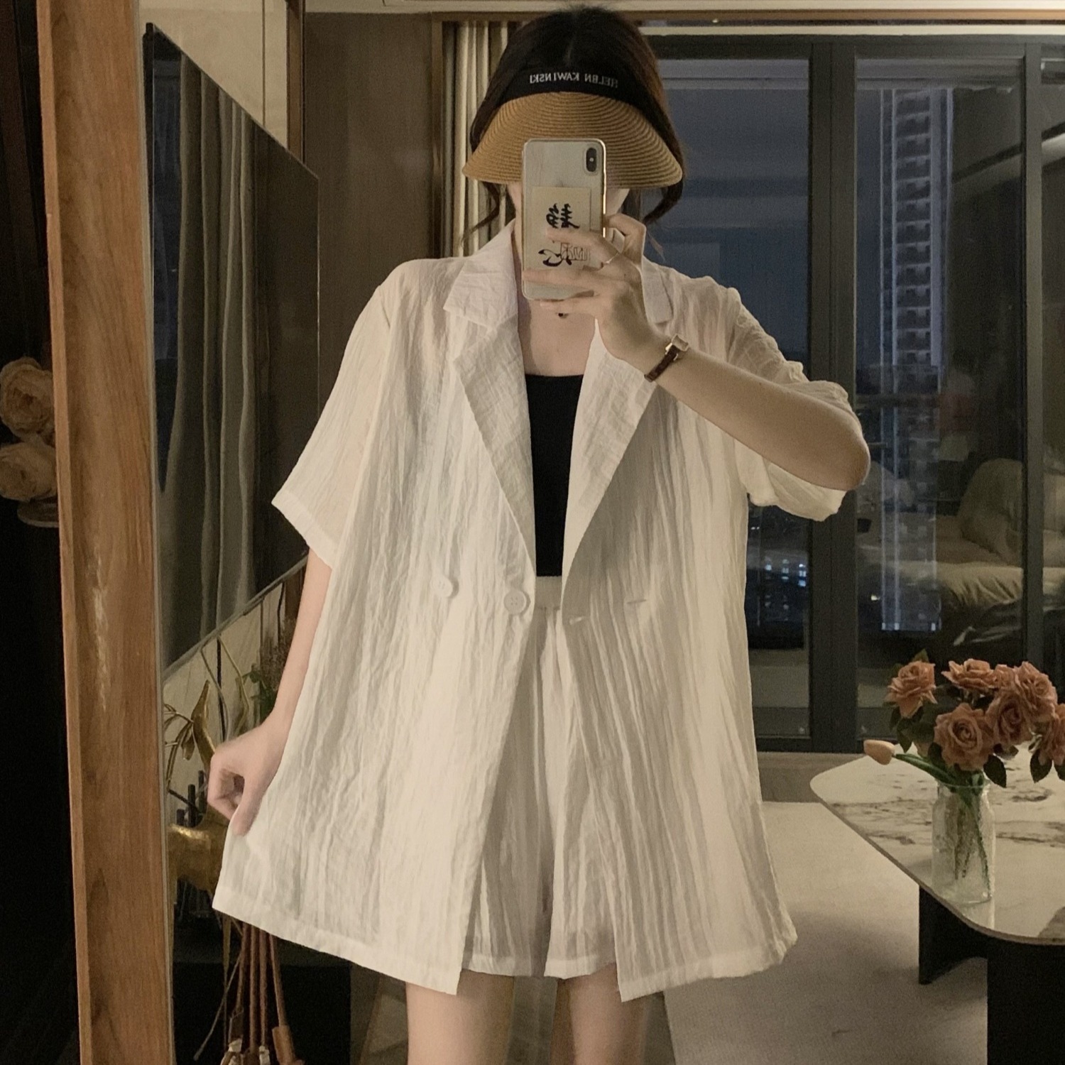 雪纺衬衫西装外套短裤两件套大码女装夏搭配一整套胖mm时尚感薄款