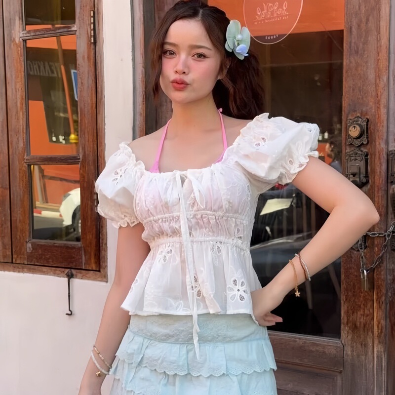 Southeast Asian Sweet and Pure Style Square-Neck Lace Embroidered Hollow-Out Blouse for Women with Elastic Waist and Puff Sleeves Southeast Asian Sweet and Pure Style Square-Neck Lace Embroidered Hollow-Out Blouse for Women with Elastic Waist and Puff Sleeves