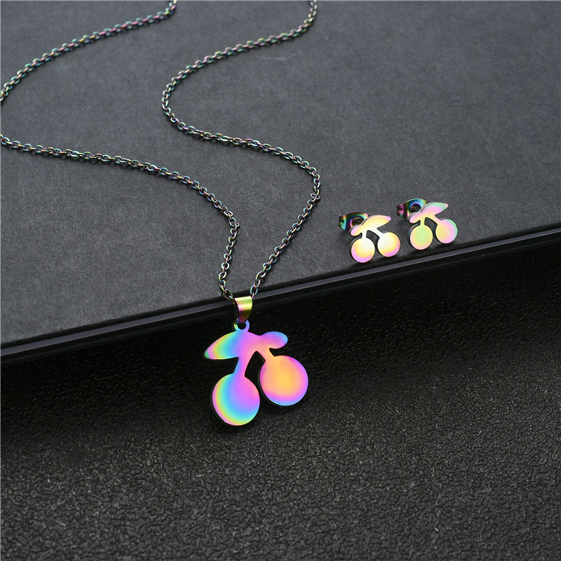 Cherry Titanium Steel Necklace Female Models Hip-hop Clavicle Chain Earrings Set Niche Design Colorful Sweater Chain display picture 3