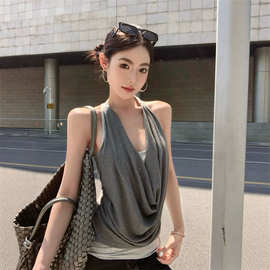 拼接假两件荡领吊带小背心女夏季修身无袖外穿设计感辣妹撞色上衣