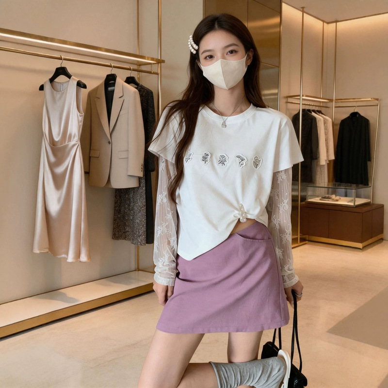 Korean-Style Super Stylish Lace Sleeve Patchwork Faux Two-Piece Top for Women, New Summer Short-Sleeve T-Shirt with Unique Design