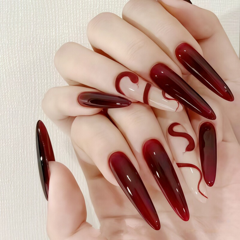 S121-New Year's Armor Rich Snake Wear Armor Cattle Blood Retro Angela Red Dark Black False Nails Full Size