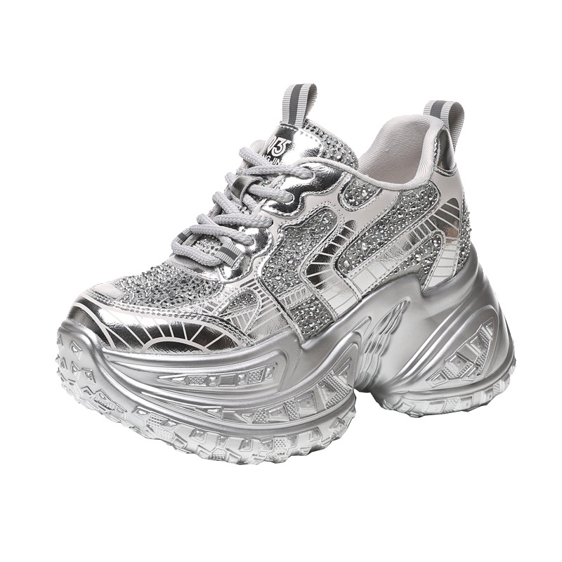 Giày sneaker nữ đế dày lưới thoáng khí đính đá rhinestone — Màu trắng