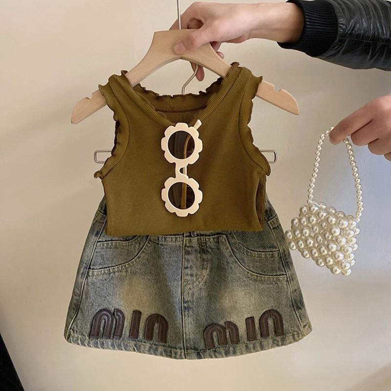 Korean Style Children's Clothing Girls' Set 2025 Summer Style Baby Girl Knitted Vest Letter Denim Skirt Two-Piece Set Trendy