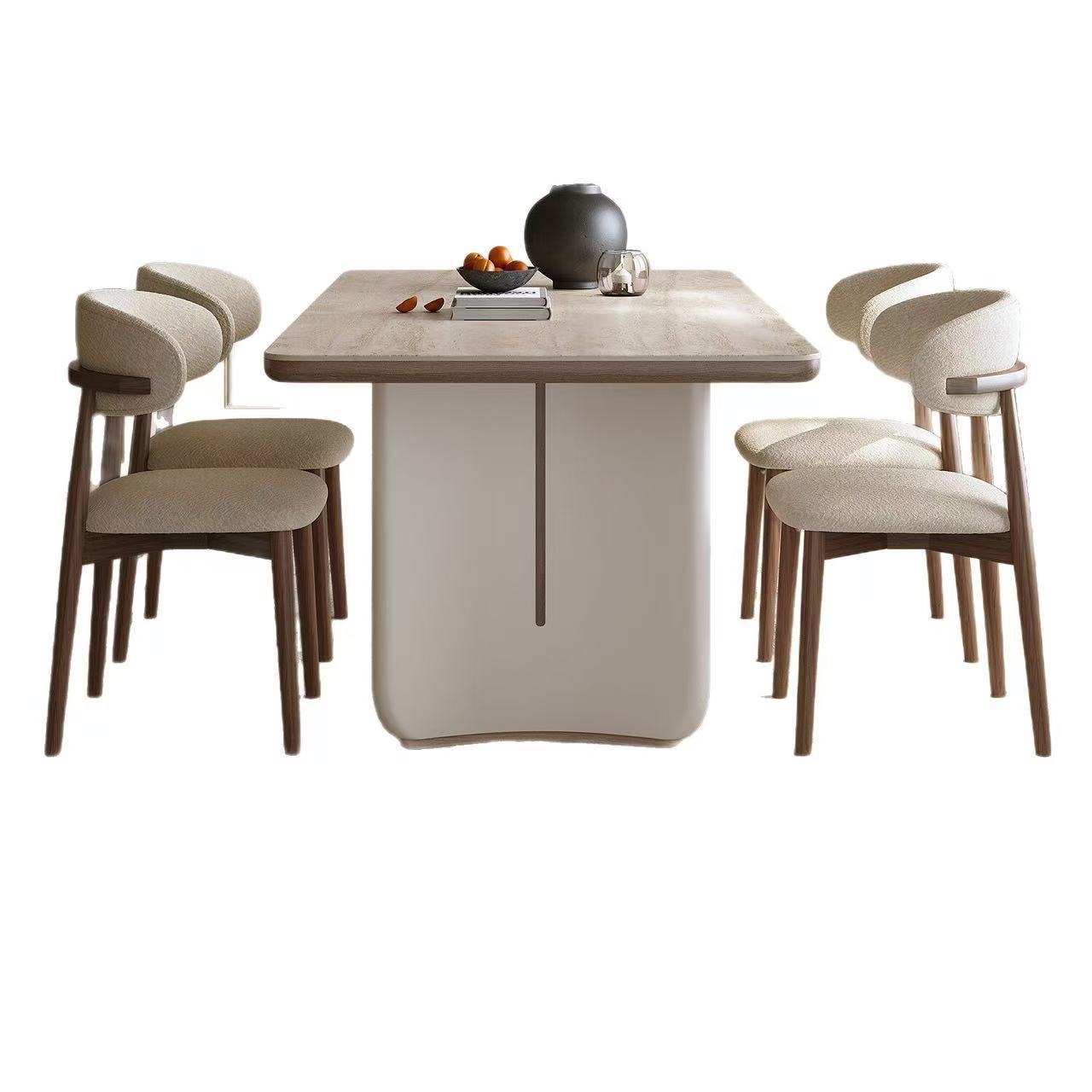 Mesa de comedor de tablero de roca francesa, silla de comedor de madera maciza para el hogar, estilo crema, pequeño apartamento rectangular, mesa de comedor de tablero de roca de travertino simple